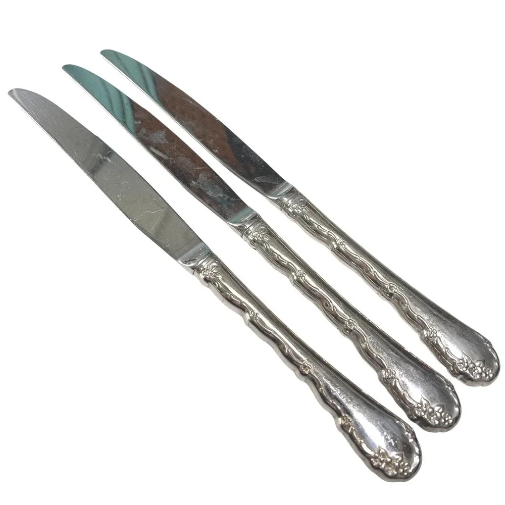 Silver Belle Rose Dinner Knives Set of 3 Floral Ornate Handle Victorian Unmarked